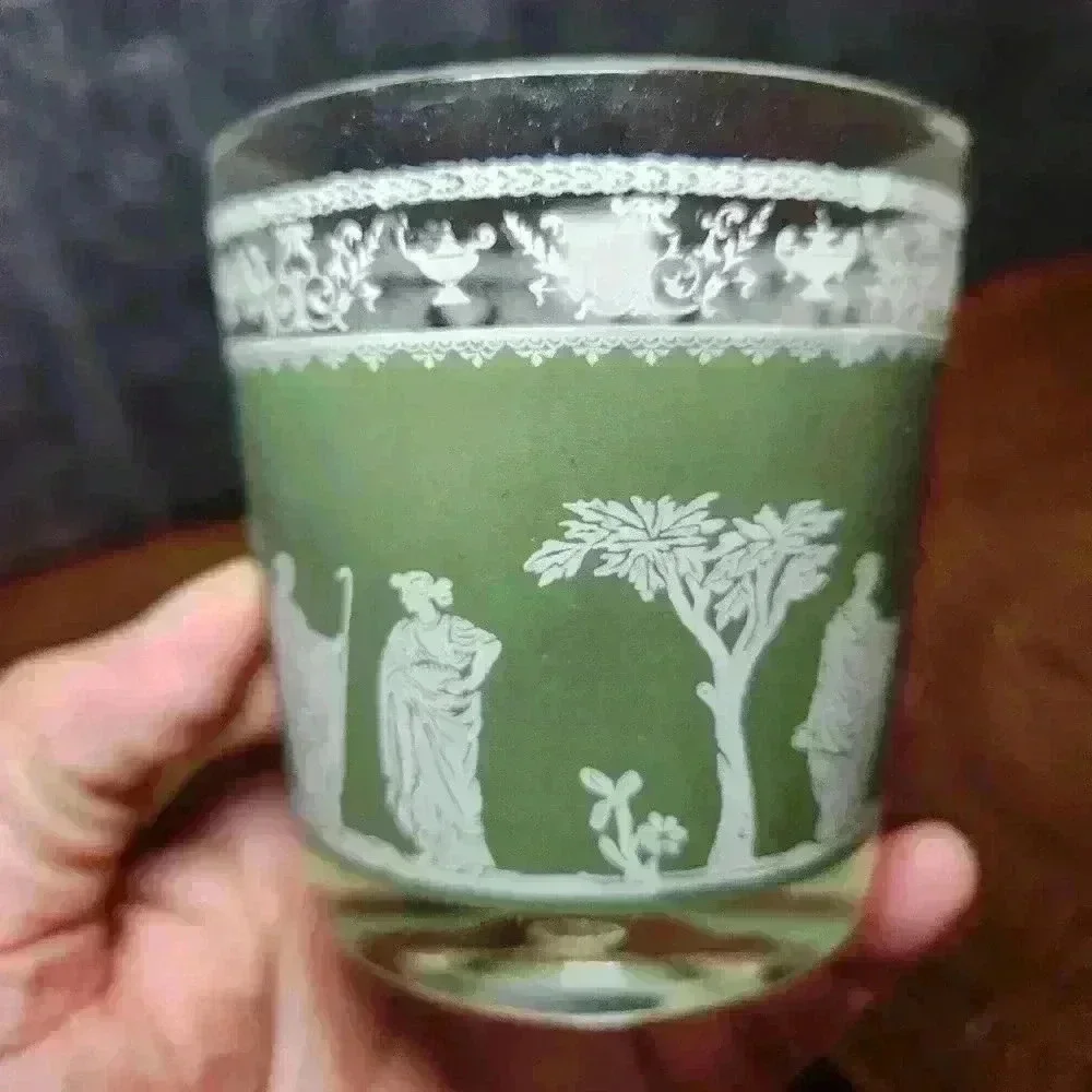 Vintage Jeanette Hellenic Wedgewood Jasperware green drinkware Lowball Glass